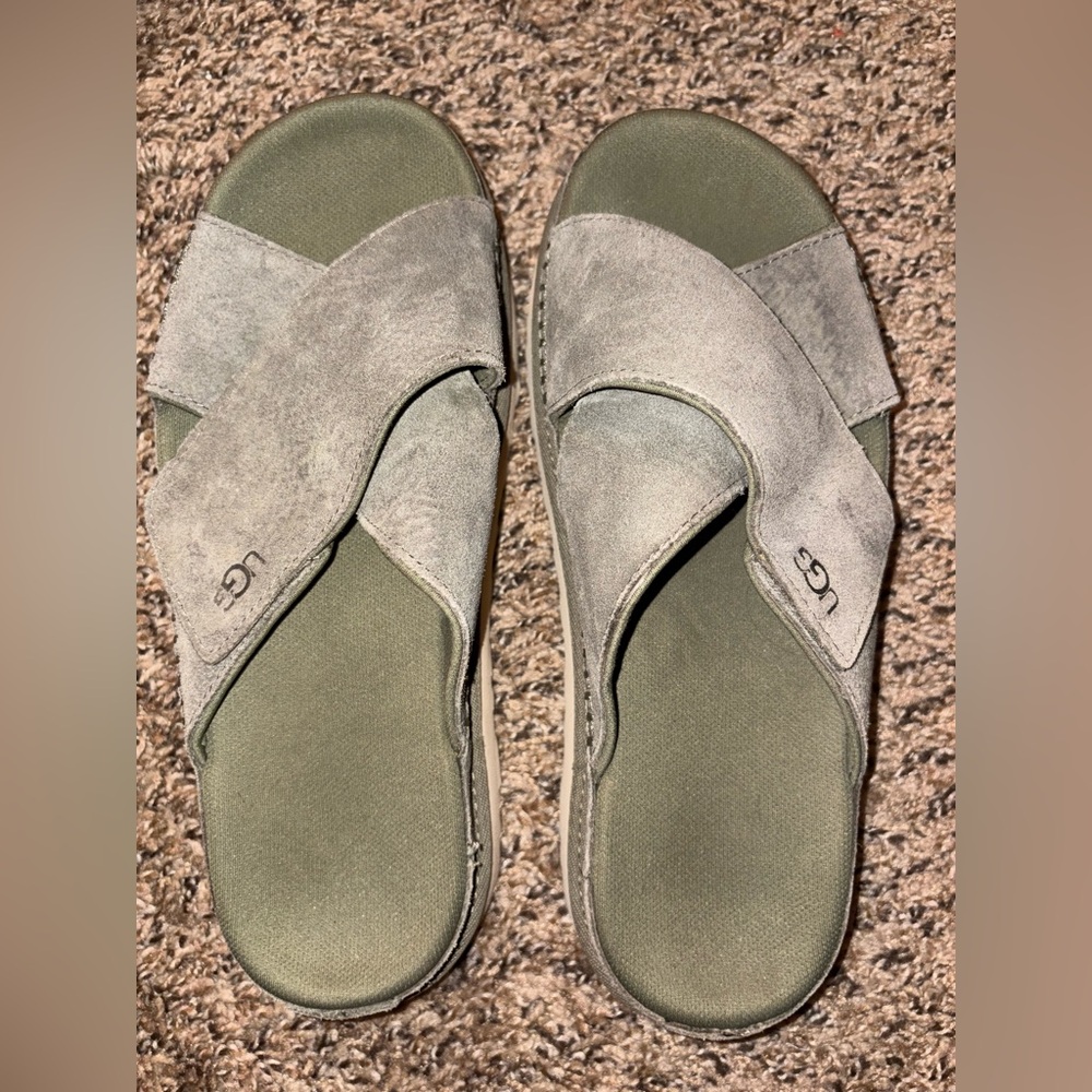 UGG Olive Green Suede Cross-Strap Slide Sandals